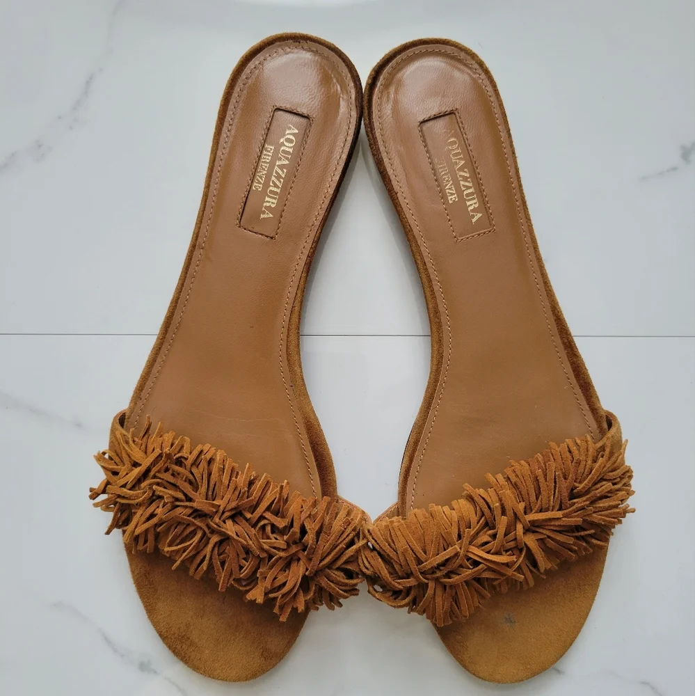 Aquazzura Italy Wild Thing Suede Flats Luxury Slide Sandals Brown EU 37